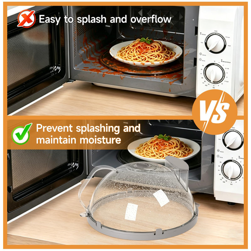 12" Microwave Splatter Cover with Water Steamer, Microwave Cover for Food, Dome Splatter Guard with Hanging Hole, Easy Clean & Space Saving Hanging Design Grey 12 Inch