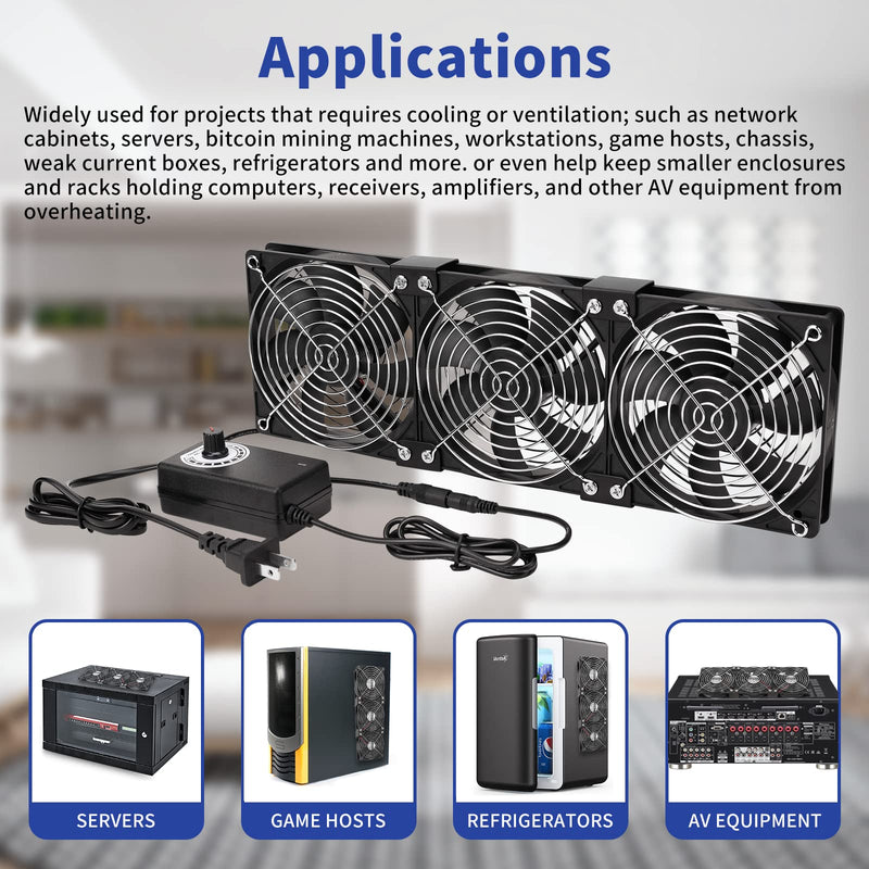3X 120mm 12V Computer Fan with DC to AC 110V - 240V Speed Controller, Cooling for Window Cabinet Chassis Machine Server Workstation Refrigerator, Greenhouse
