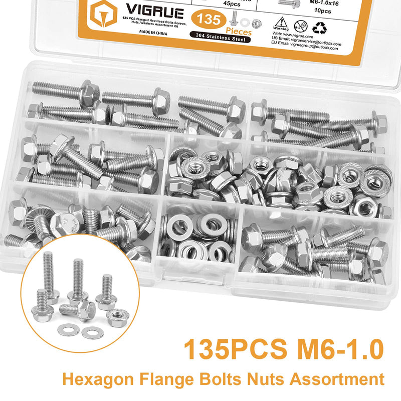 M6-1.0 x 12/16/20/25/30mm Flanged Hex Head Bolts, VIGURE 135PCS M6 Flange Hexagon Screws Serrated Flange Nuts Washers, Stainless Steel 18-8 (304), DIN 6921 M6-1.0