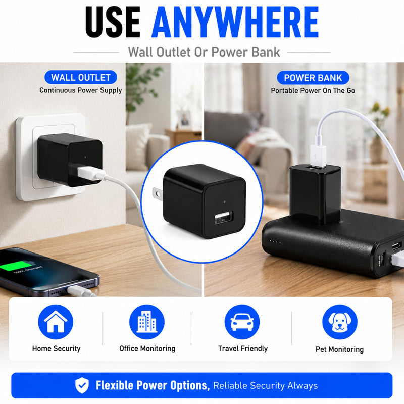 64G USB Charger Hidden Camera, 1080P Motion Detection Indoor Security Camera with SD Card Included, No WiFi/Monthly Fee, 106° Wide Angle, Local Storage Home Monitoring Device (2026 Upgraded) Silver Black