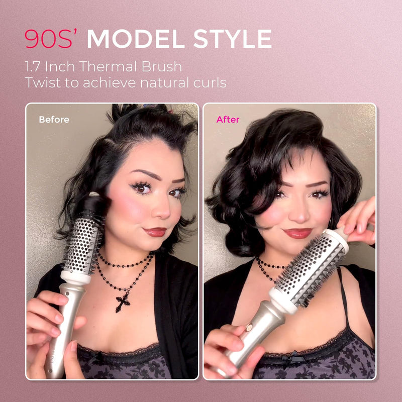 TYMO STYLUX Thermal Brush - Heated Round Curling Brush, Blowout Volumizer with Flexi-Fit Tech for Hair Styling, Curling Styler Tool, Hair Straightener and Curler 2 in 1, Dual Voltage, Gold, 1.7 Inch