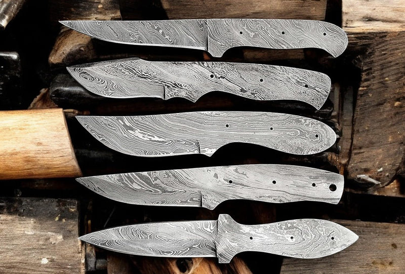 LOT OF 5 PIECES HAND FORGED DAMASCUS STEEL FULL TANG KNIFE BLANK BLADE KNIFE MAKING SUPPLIES (5 DIFFERENT PIECES SET) 5 DIFFERENT PIECES EACH OTHER KNIVES SET