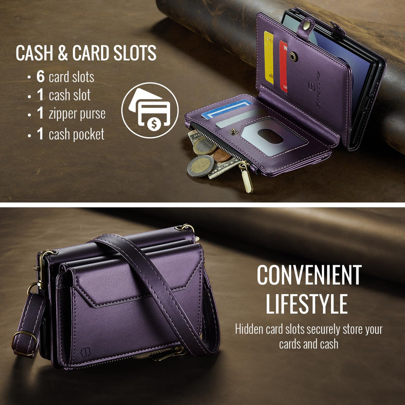 Strapurs for Samsung Galaxy Z Fold 8 - Zipper Strap Wallet Case, Purple | RFID Blocking 6-Card Holder, Shoulder Lanyard, Wirst Strap, Zipper Pocket, Magnetic Snap, PU Leather, Phone Cover for Women