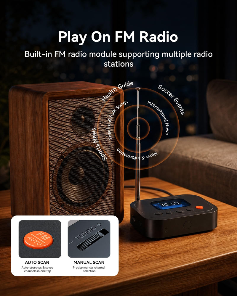 Bluetooth 6.0 Audio Receiver, 3-in-1 Wireless Adapter with FM Radio, U-Disk Playback, HD LED Display, Remote Control, Dual Output, Long Battery, Wireless Upgrade for Home Amplifier & Wired Speakers