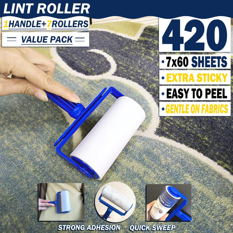 420 Sheets Lint Rollers for Pet Hair Extra Sticky, 7 Packs Sticky Roller for Clothes, Dog Hair Remover, Lint Brush for Furniture 7 Pack