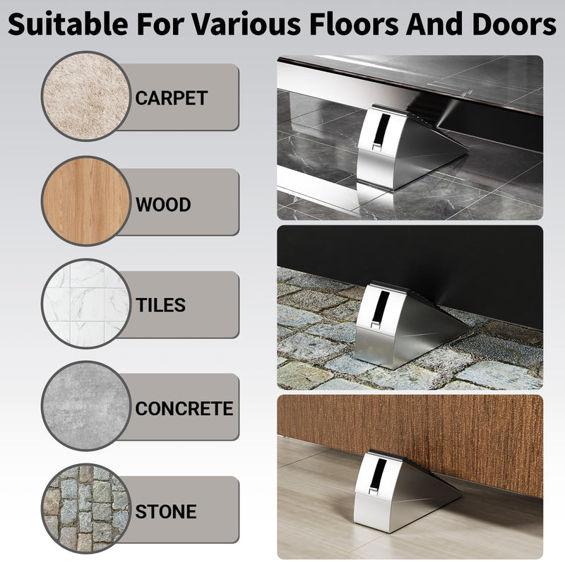 ZDZQJIA Heavy Duty Door Stoppers for Bottom of Door -Adjustable Spring Large Door Stop Wedge, Anti-Slip Rubber Grip,3" High Metal Doorstop Suits Carpet,Tile,Commercial,Home-Silver4Pc+4 Wall Protectors Silver4Pc