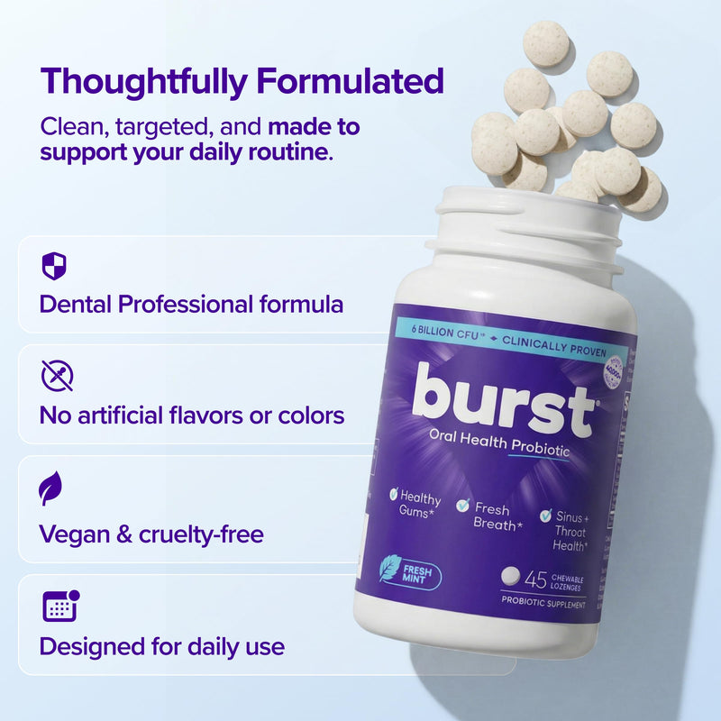 Burst Dental Probiotics (45 Count) | Oral Probiotics for Teeth and Gums | Immune System & Sinus Support | Promotes Upper Respiratory & Oral Health | Bad Breath Treatment for Adults | Made in the USA