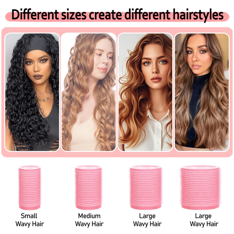  [AUSTRALIA] - 4 Sizes Self-Grip Hair Rollers Set with Clips - 4 Sizes for Long, Short Hair & Bangs (25mm, 36mm, 48mm, 60mm), (Pink, 4 Sizes) Pink