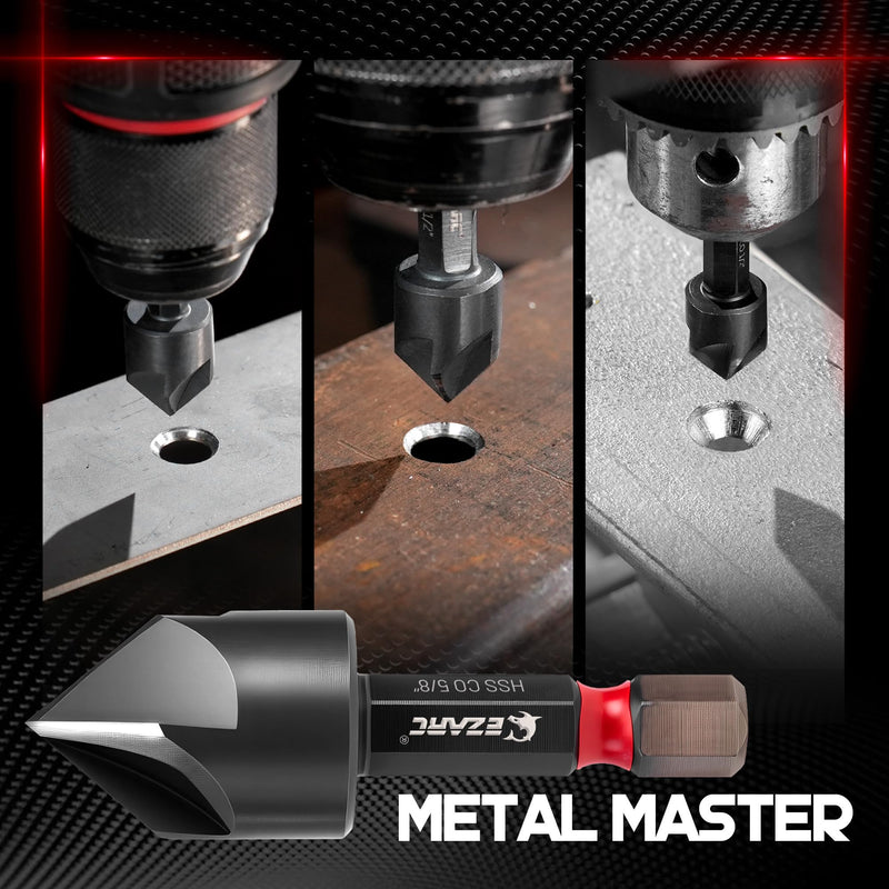 EZARC Countersink Drill Bit Set for Hard Metal, Titanium Aluminum Nitride Coated Counter Sink Drill Bit with 1/4" Hex Shank, 82 Degree 5 Flutes Design, 1/4” 3/8” 1/2” 5/8” 3/4”, 5PCS with Storage Box
