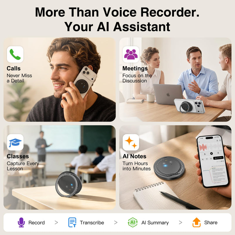 AI Voice Recorder with Transcribe & Summarize for Meetings, Study & Work | AI Note Taker for Productivity, 100+ Languages, 360° Magnetic Phone Stand, Edit Speakers, 1TB Cloud Multi-Device Sync Black
