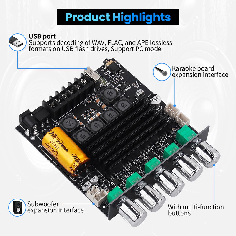 Bluetooth Audio Amplifier Board, ZK-TB21PRO 2.1CH 50W×2+145W Subwoofer Amp | with USB Lossless Decoding, SOP8/DIP8 Dual Package, Mic & Subwoofer Expansion Ports, Enhanced Heat Sink