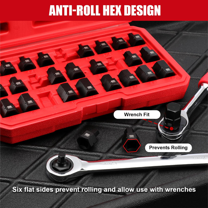 MIXPOWER 27-Piece 3/8" Drive Stubby Impact Hex Bit Socket Set,SAE/Metric, 5/32"-11/16",4mm-17mm, S2 Steel Air Drive Low Profile Allen Socket Set,Impact Grade,Anti-Roll Design 27 PCS 3/8"Drive:5/32"-11/16",4-17mm