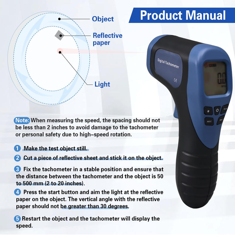 Handheld Digital Laser Tachometer - Non-Contact RPM Meter, Measures 2.5-99,999 RPM, High Precision with LCD Display, Reflective Tape Included, Ideal for Motor Speed and Industrial Use