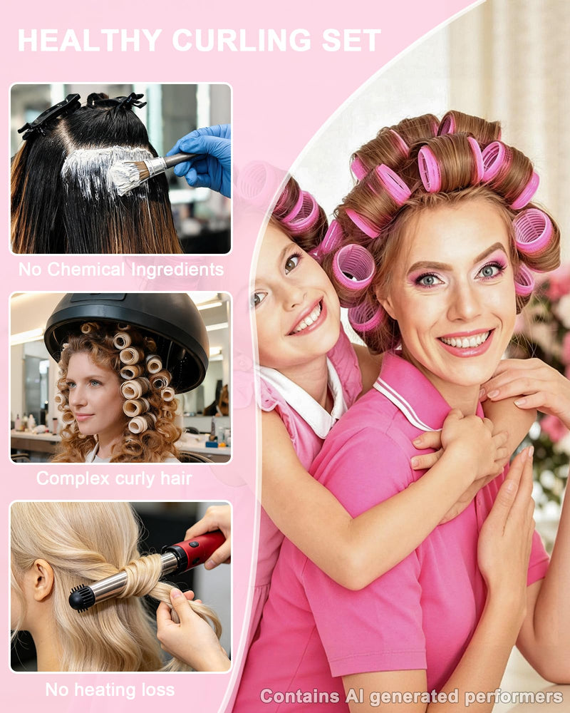 50PCS Hair Rollers Set with 24 Clips, 4 Sizes Hair Curlers - Pink | 60/48/36/25mm, Fine Hair Lift, DIY Styling, Hair Volume, Long, Medium, Short