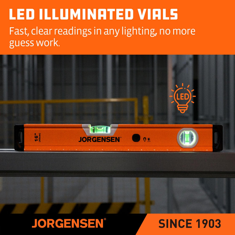 JORGENSEN 16 in. Magnetic LED Lighted Box Level with 90°/180° Bubble Vials, Illuminated leveler tool, Shockproof Rubber End Caps, Metric & Imperial Scale, Aluminum Frame, for Home Installations & DIY 16 inch