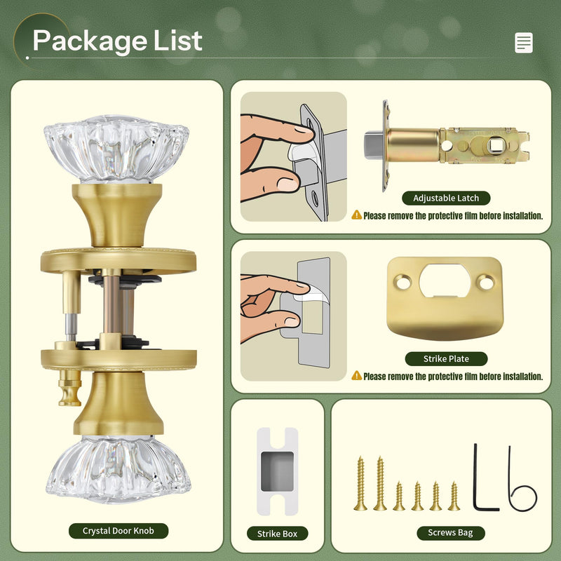 Moquin Modern Gold Interior Crystal Door Knob with Lock (No Key), Privacy Glass Door Knob with Privacy Button for Bathroom, Bedroom or Closet, Satin Brass Epiphyllum+Round with Bead Cover (Satin Brass)