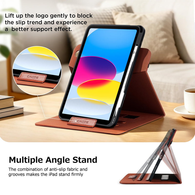 CACOE 360 Rotating Case for iPad 11th/10th Gen(2025/2022, 10.9") | Protective Cover with Pencil Holder, Auto Sleep Wake, PU Leather Folio Stand Protective Cover for iPad A16 Case, Brown