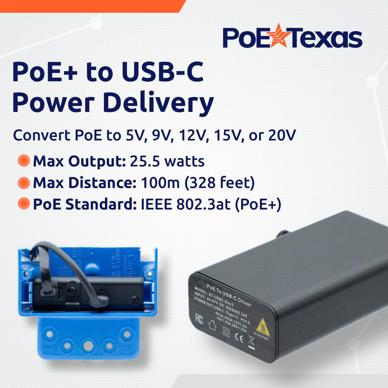 PoE Texas PoE+ to USB-C Splitter - PoE+ Splitter USB-C 25W Power Delivery for iPad, Tablet, Google Nest Cam - Convert PoE to 5V, 9V, 12V, 15V or 20V 30w Power Only