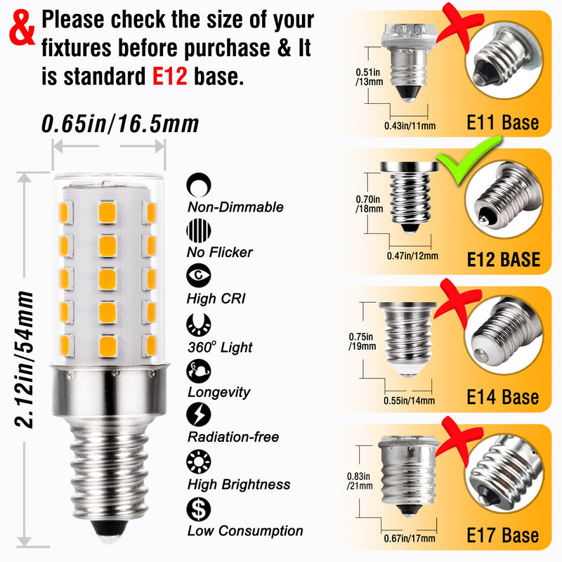 ALIDE E12 40 Watt Equivalent LED Bulbs,2700K Warm White,E12 T6 C7 4W LED Candelabra Bulb for Ceil Fan Light Chandelier Pendant Lighting Salt Lamp,450lm,Non-dimmable,8 Pack 2700k Warm White 4 Watts