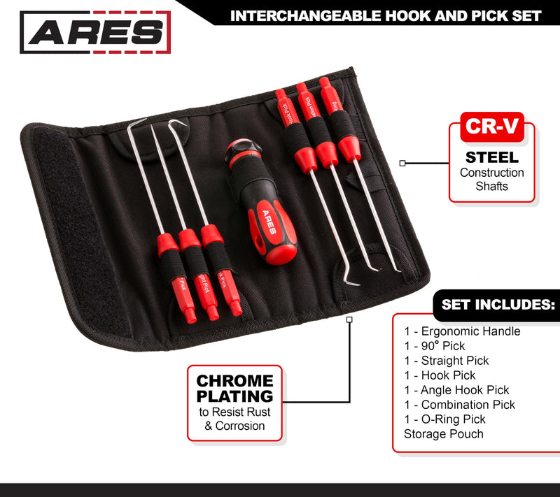 ARES 70255 - Interchangeable Hook and Pick Set - 6-Piece Set Includes Convenient Storage Pouch - Chrome Vanadium Steel Shafts - Easily Remove Hoses, Gaskets and More