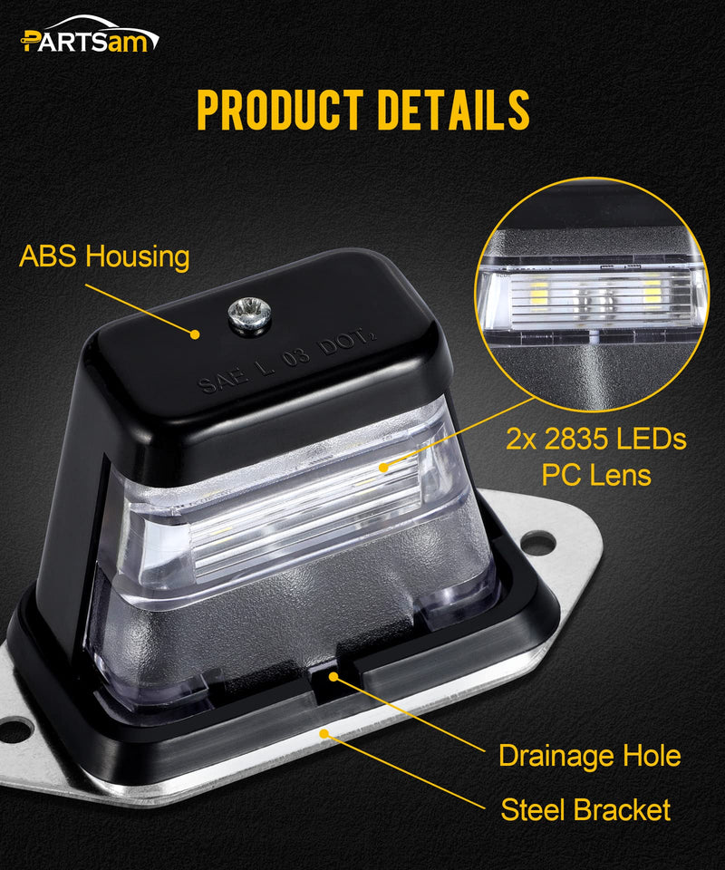 Partsam LED License Plate Light Waterproof 12V DC License Tag Light with Holder Drainage Hole ABS Housing PC Lens for Trailer Truck Pickup UTV ATV RV Boat 12V DOT Compliant Black