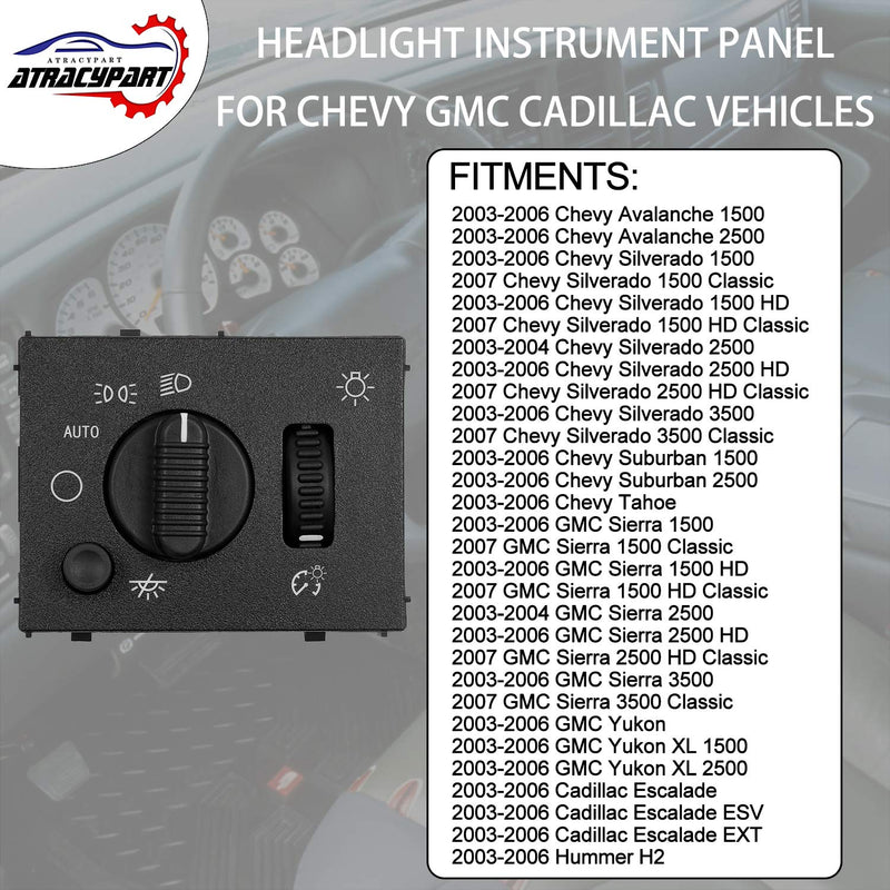 Headlight Switch Headlamp Dimmer Switch with Green LED Backlight | Fits 2003-2007 Chevy Silverado 1500 2500 3500 Suburban Tahoe Avalanche GMC Sierra Yukon Cadillac Escalade | Replaces#15194803 D1595G Headlight Switch
