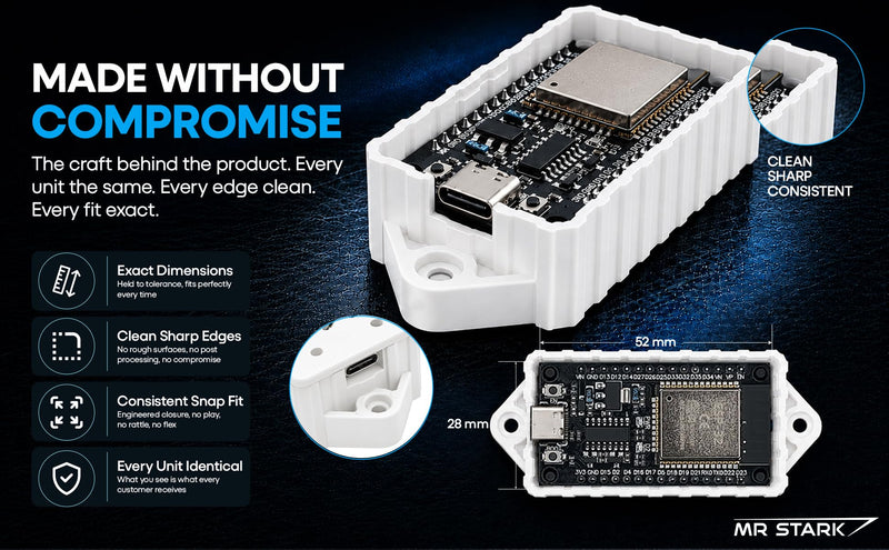 Premium ESP32 Computer Case, 2-Pack, Inject Molded, Passthrough (White) | Ventilation Slots, Mounting Ears, Snap-On Lid, PC-ABS Material, Fits ESP-WROOM-32 30-Pin