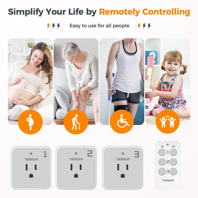 Remote Control Outlet Plug, TESSAN Wireless Light Switch Kit Indoor for String Lights, Lamps, Home Small Appliances, Wireless Power Socket 100ft RF Range, 15A/1875W (1 Remote and 3 Outlets) Grey-1 remote+3 outlet