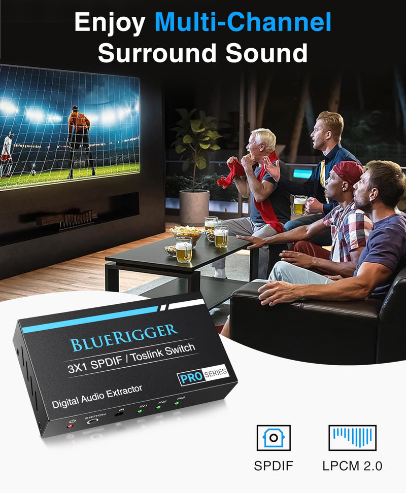 BlueRigger Digital Toslink Optical 3x1 Switch - (LPCM 2.0, SPDIF Optical Audio Switcher with IR Remote Control, 3 in 1 Fiber Optic Switch) - Compatible with Gaming Console, HDTV, Amplifier, Soundbar
