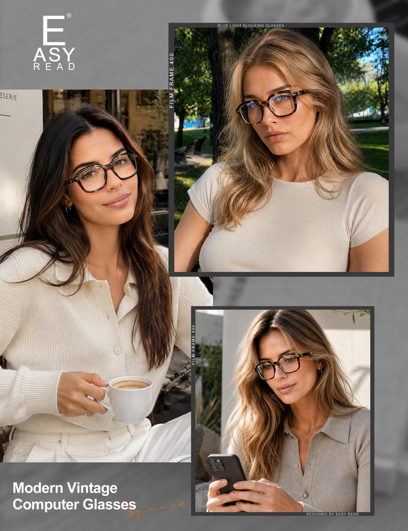 EASY READ Square Blue Light Glasses for Women and Men，Anti-Eyestrain/UV Computer Glasses for Phone and Screen Use Amber Tortoise