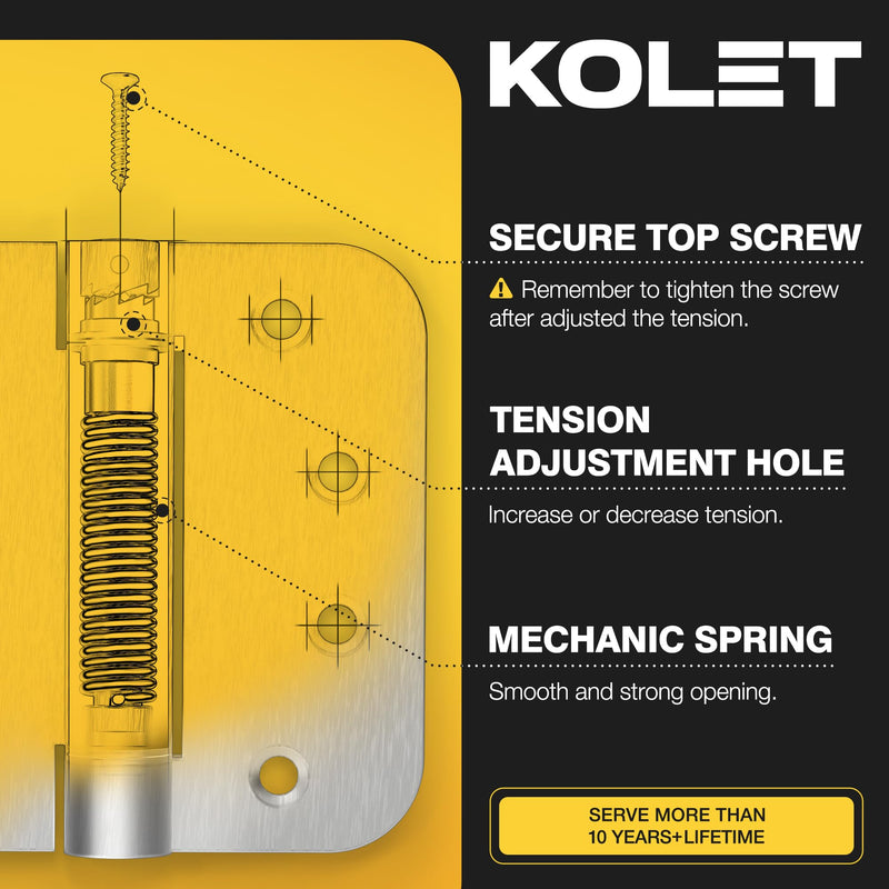 KOLET Self Closing Door Hinges, 4 x 4 Inches Door Hinges with Auto Close, 5/8" Radius Corners Spring Hinges, Heavy Duty Stainless Steel, Long-Lasting, Brushed Nickel, 3 Pack
