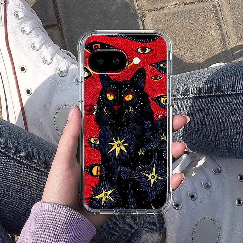 Case for Google Pixel 10a with Hippie Art Design,Trippy Cute Cool Black Cat Pattern,Clear Slim Soft TPU Bumper Phone Cover,6.3”(Cat,P10a)