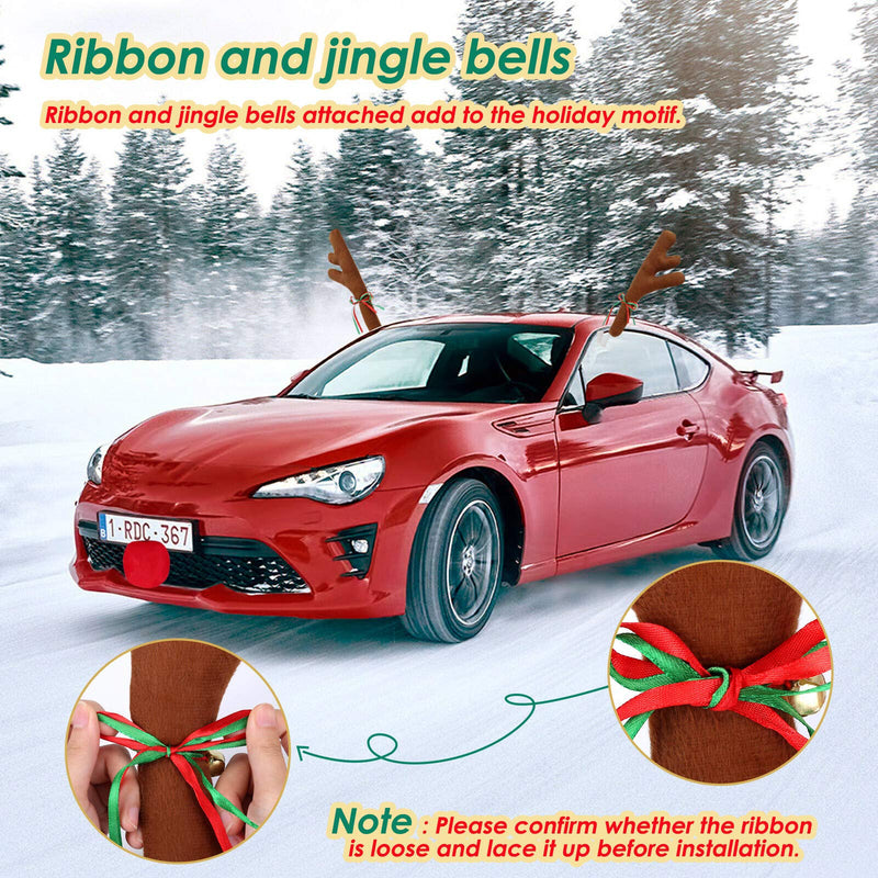Upgraded Car Reindeer Antler Kit Christmas Rudolph Auto Decorations, Rudolph Auto Accessories with Tail, Nose - Add Holiday Spirit 15.5 inch