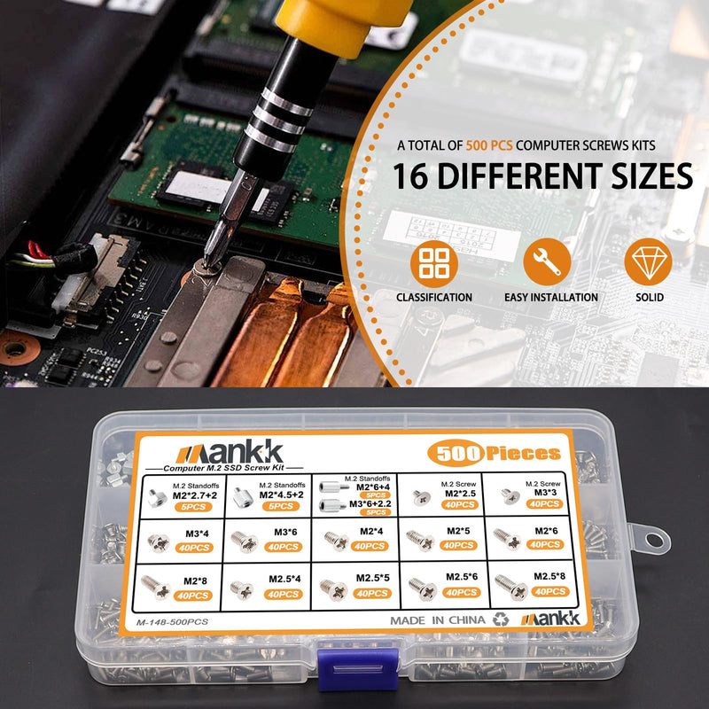 mankk 500PCS M.2 SSD Screw Kit M.2 SSD Mounting Screws Motherboard Standoffs M.2 M2.5 M3 NVMe Screw for Laptop PC Repair & DIY