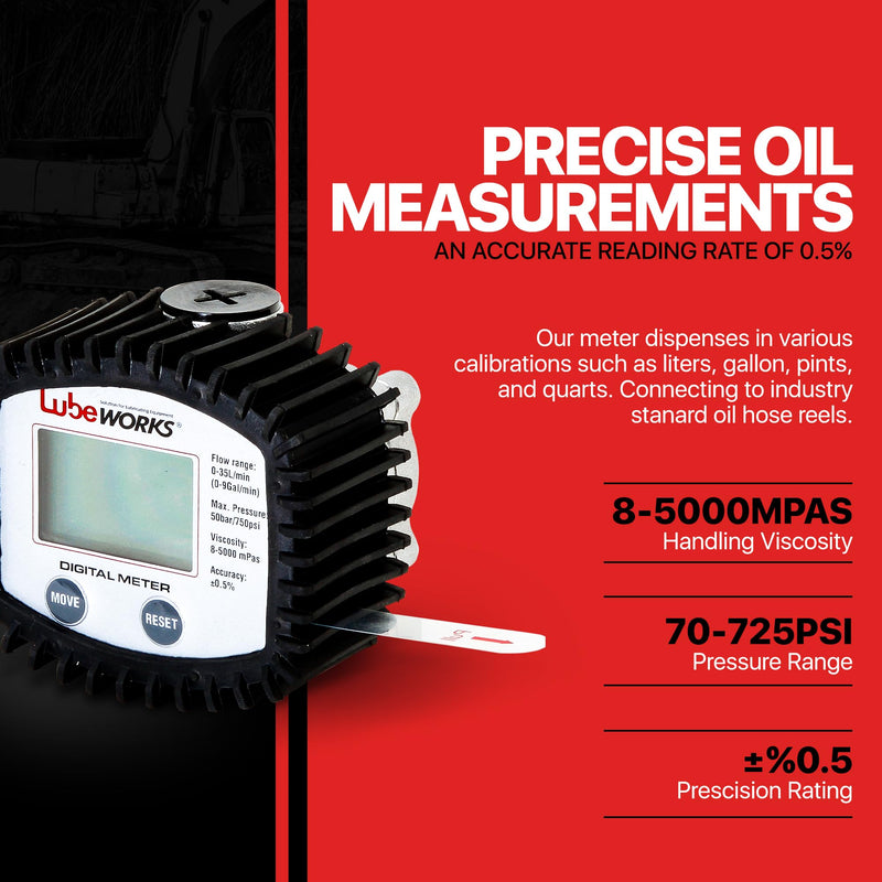 Oil Control Meter Digital 1-35lpm / 1-10gpm Heavy Duty 3V Batter Powered for Motor, Synthetic Hydraulic, Gear Oil, Transmission Fluid in Liter, Gallon, Pint and Quart (Meter Only)