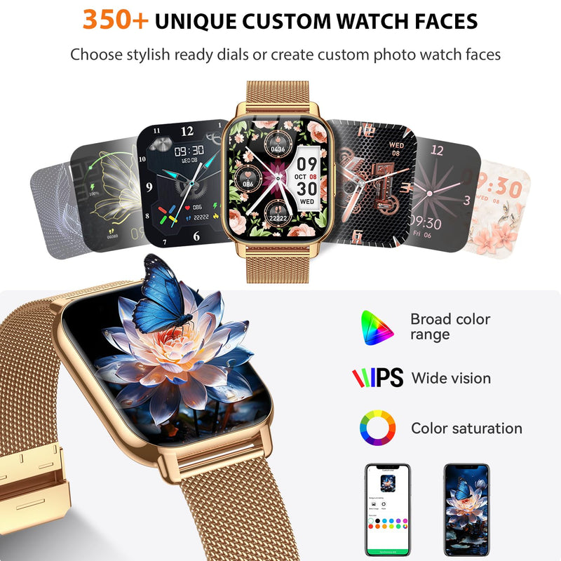 Smart Watch for Women, Fitness Tracker with Bluetooth Calls & AI Voice Control, 1.85’’ HD Screen, Heart Rate/SpO2 Monitor, Sleep Tracker, Compatible with Android iOS (Gold) Gold