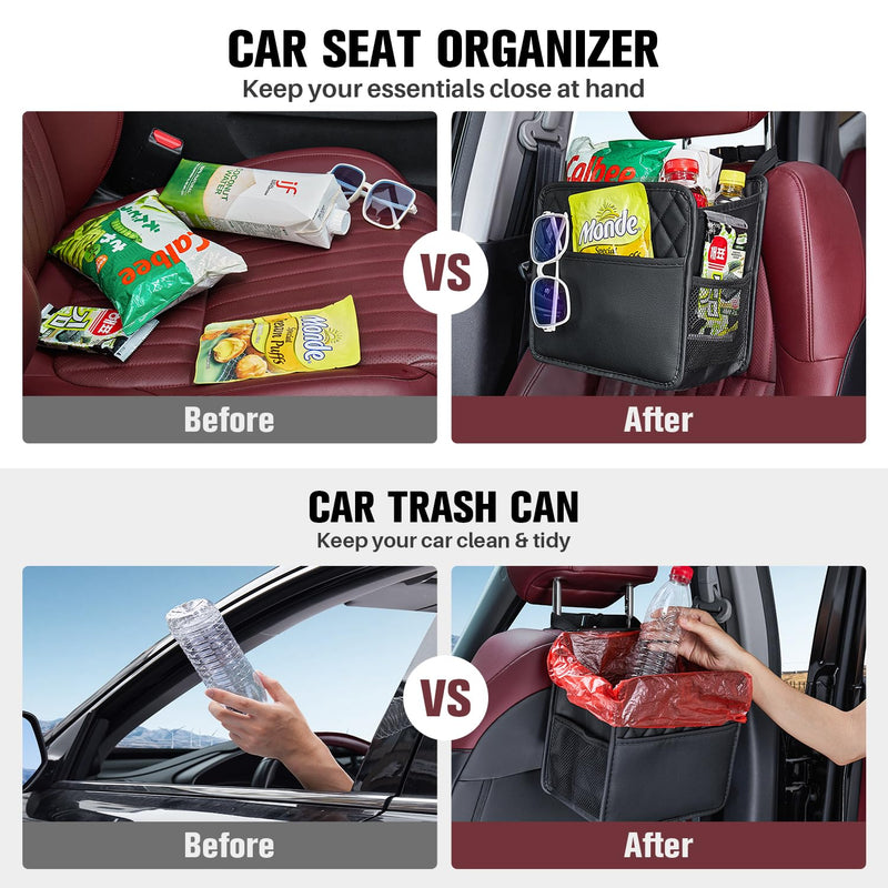 LXUNYI Car Organizer Back Seat, 2 Pack Waterproof Pu Leather Car Seat Storage Bag Large Foldable Universal Hanging Car Seat Back Organizer for Kids & Adults with Cup Holders Car Travel Accessories Black 2Pack Large