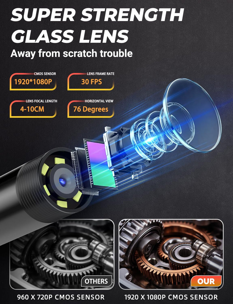 Endoscope Camera with Light 1920P HD, 6FT Semi-Rigid Snake, 8 Adjustable LED Light, 8mm IP67 Waterproof Inspection Camera for iOS