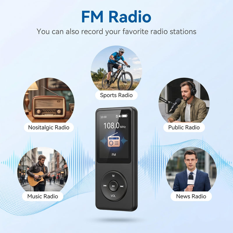 128GB MP3 Player with Bluetooth 5.3 Earphones Included | Portable, HiFi Sound, Built-in Speaker/FM Radio/Voice Recorder/E-Book, Lossless Sound, Multifunctional, Music Player, Slim Black