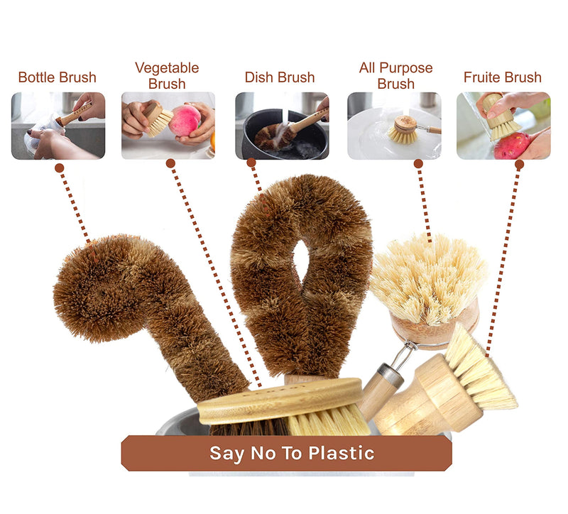 Ecozoi Bamboo Dish Brush Set, 6 Piece for Vegetable, and Kitchen Dish Cleaning, Sisal & Coconut Fibers with Bamboo Handles, Kitchen Brushes for Dishes, Pots, Pans