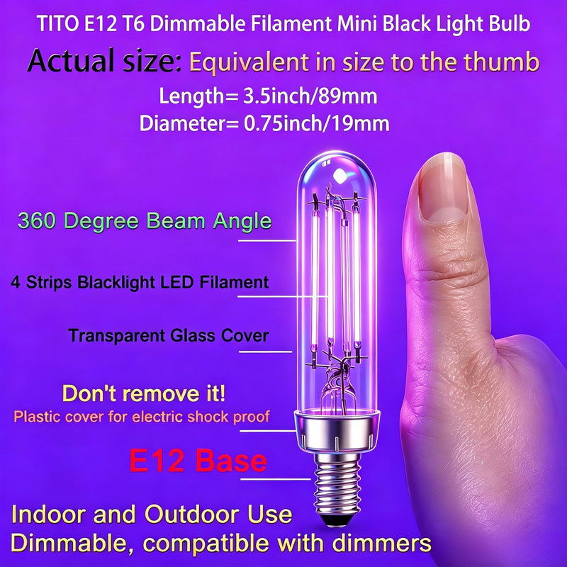 TITO 6 Pack E12 T6 395nm Dimmable Mini Black Light Bulb Halloween & Display | 4.5W Candelabra Bulb 60W Equivalent for Small Fixtures｜360° Full Beam｜Glow Party Fluorescent Paint Decor Uranium Glass Curios