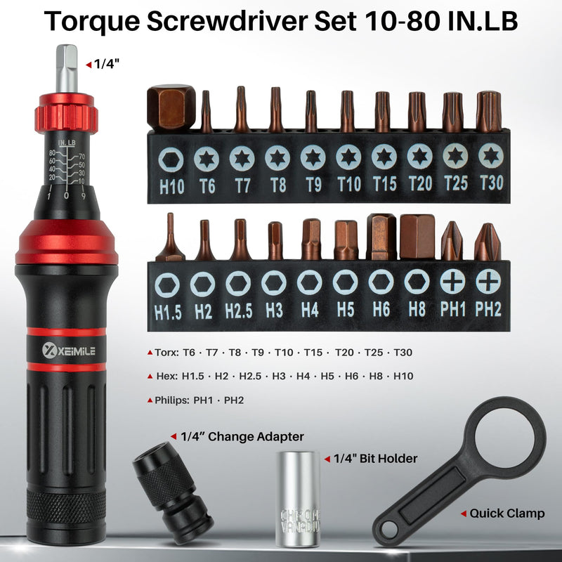 Torque Screwdriver 10-80 In.Lb, Inch Pound Torque Screwdriver Set with 1/4" Bit Holder, Flat, Hex, Torx and Philips Bits,Suitable for DIY Bicycle Maintenance, Pecision Tool,Mechanical 10-80 In-Lb