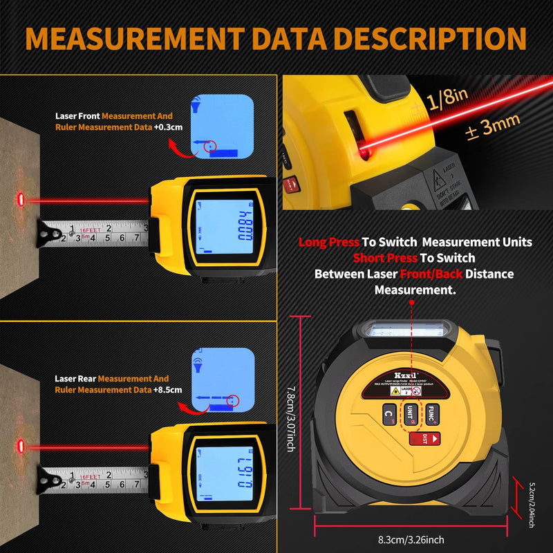 Laser Tape Measure 3 in 1 Laser Rangefinder Tape Measure 131ft Laser Measuring Tape & 16ft Tape Measure for Pythagorean, Area, Volum, Multi-Unit Conversion (Ft/Ft+in/in), Yellow