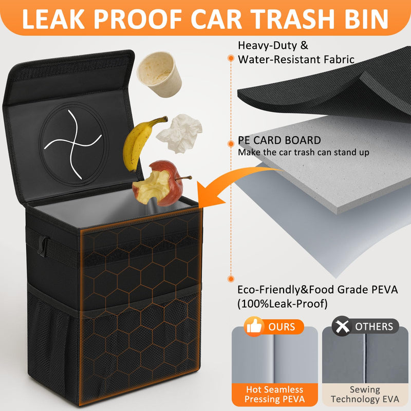 Car Trash Can Bin with Lid Hanging for Back Seat, Car Accessories for Women Men Leak Proof Automotive Garbage Cans Leakproof Vehicle Trash Can for Truck SUV Black 2.2 Gallons