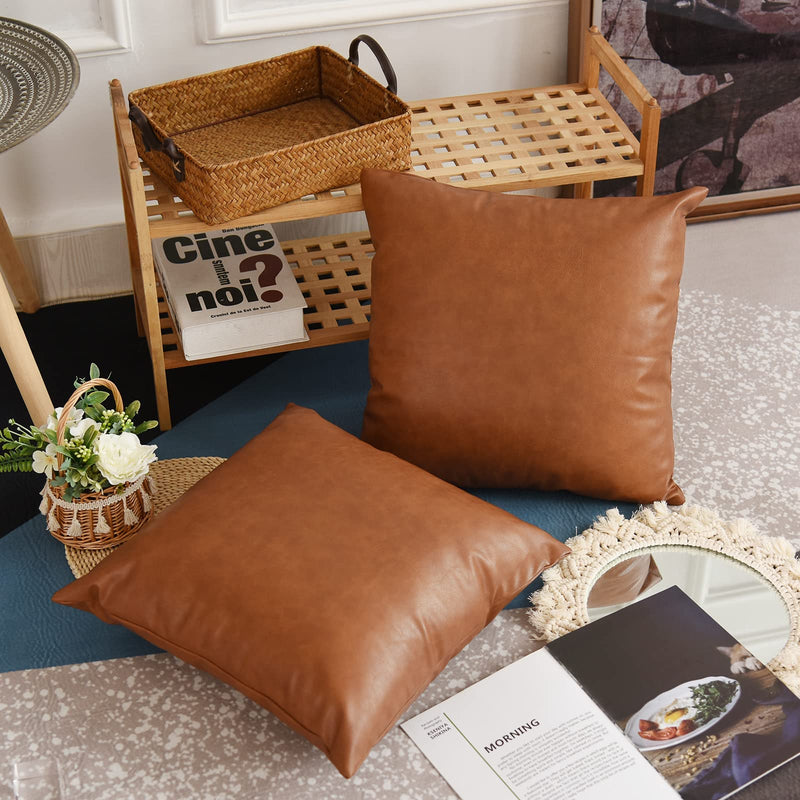 Tosewever Faux Leather Throw Pillow Covers, 20 x 20 inch Set of 2 Luxury Cognac Brown Modern Pillowcases Solid Decorative Square Cushion Cases for Bedroom Living Room Couch Bed Sofa (Brown, 20" x 20") 20" x 20" (Pack of 2)