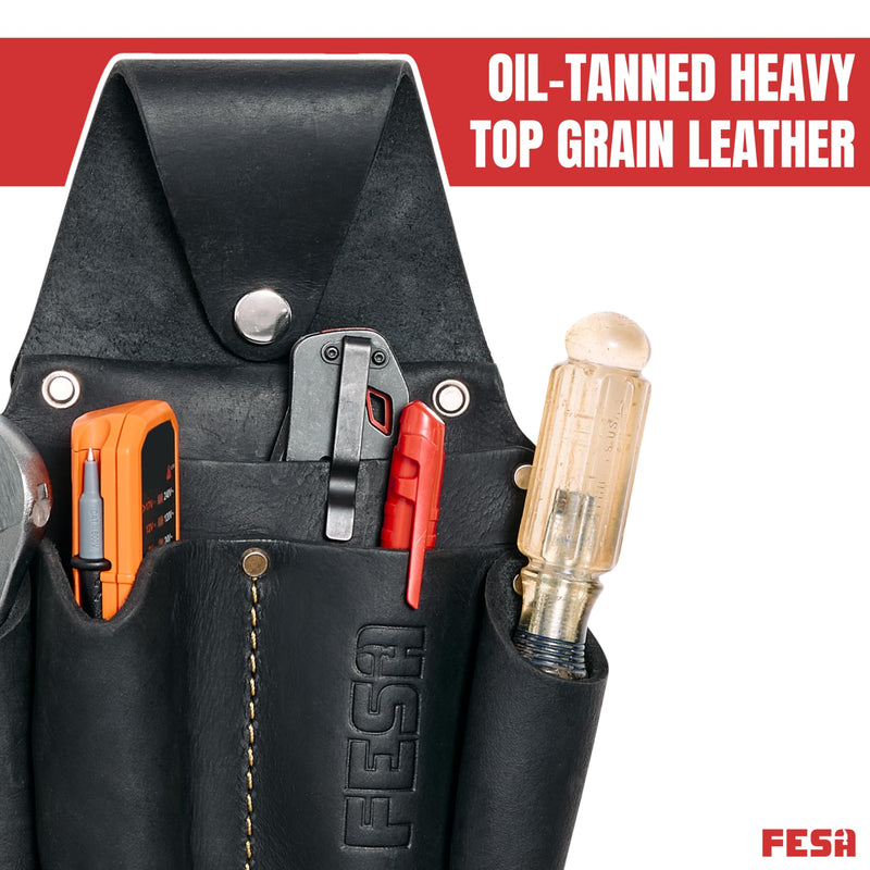 FESA Leather Electrician Tool Pouch - Pocket Caddy Clip On Tool Pouch with Voltage Test Meter Pocket & 5 Other Compartments - Easy On & Off - Fits Belts up to 3" Wide - Handcrafted Black