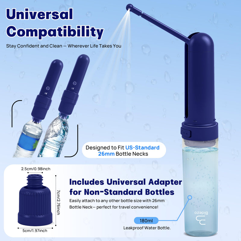 Portable Bidet for Travel with 180ml Bottle and Universal Adapter, 800mAh Battery for Upto 150 Uses on Full Charge with USB-C Cable, IPX7 Leakproof, 3 Pressure Modes Electric Travel Bidet