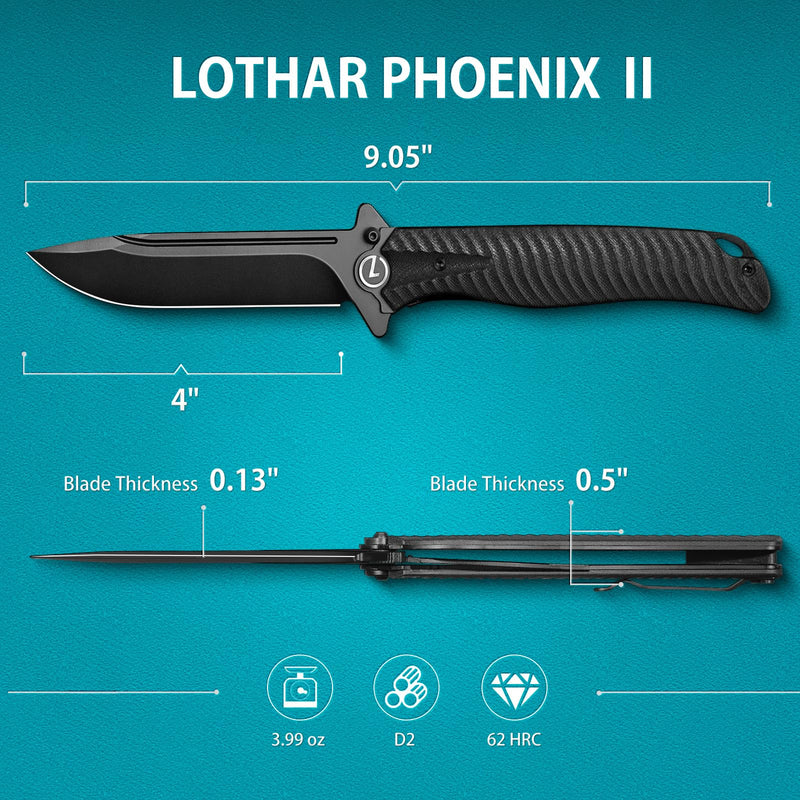 LOTHAR PHOENIX Pocket Knife, Tactical Pocket Knife for Men, 4" D2 Steel Blade Folding Knife with Clip, Flipper Assisted Opening and Black G10 Handle, Survival Knife Gifts for Men