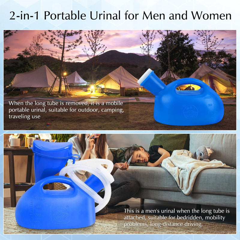 Portable Urinal for Women & Men, OOCOME Urinal Bottle Spill Proof Bedside Urinals 2000ml Travel Camping Urinal Toilet Pee Bottle with Long Hose (Blue) Blue