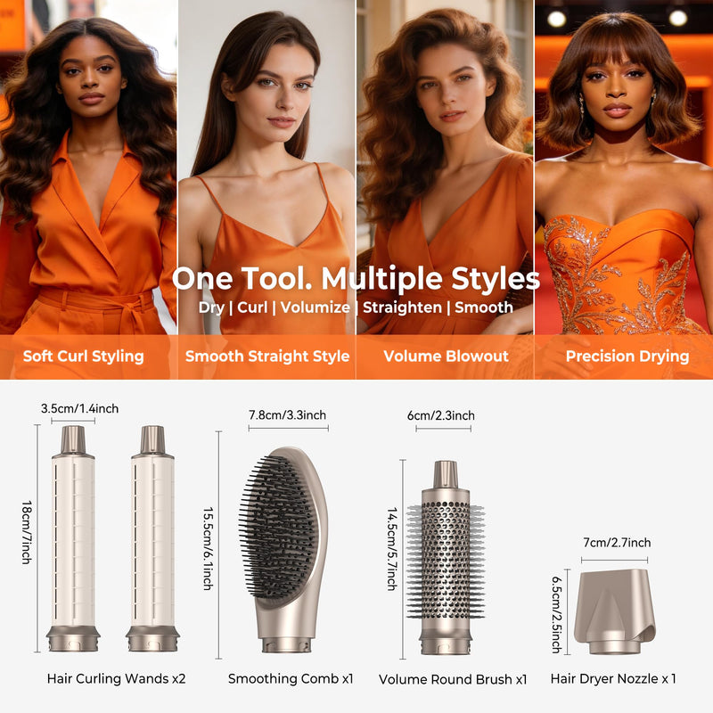 Hair Dryer Brush, 5 in 1 Hair Styler Hot Air Brush Multi Air Styler | With Interchangeable Heads, Negative Ionic Technology, Upgrade Auto Airflow Curl System, 3 Temperature Settings Gold